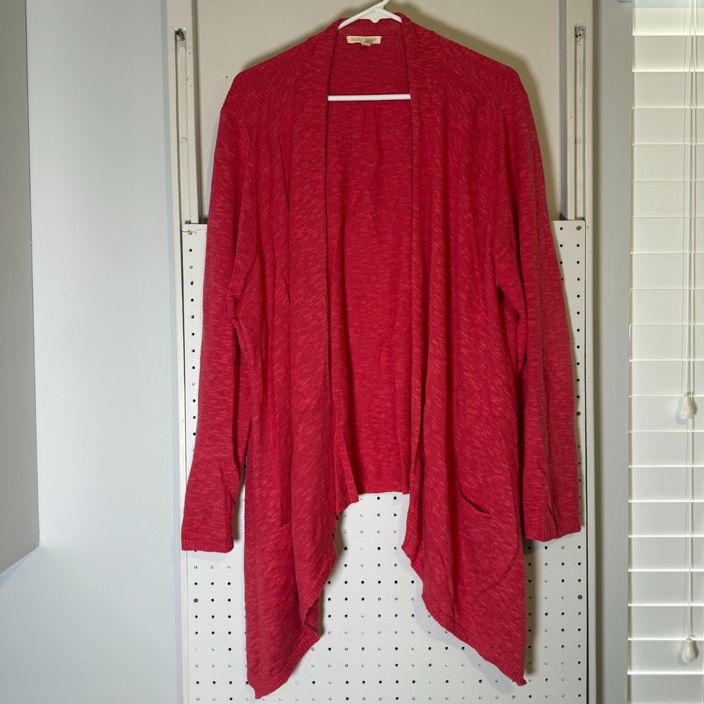 Eileen Fisher Drape Cardigan Women's 2X Coral Linen Knit Pockets Open Sweater